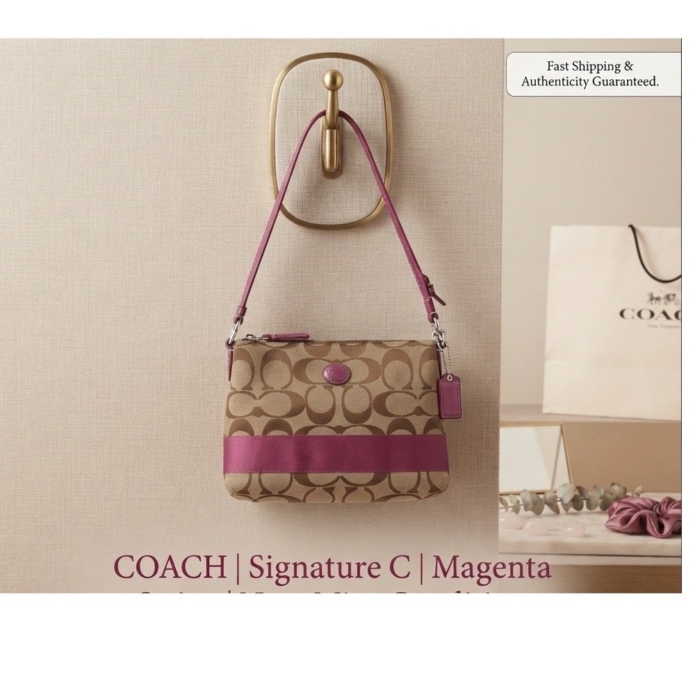 Signature C Hobo Shoulder Bag Beige Magenta Stripe Pink Leather Purse Y2K